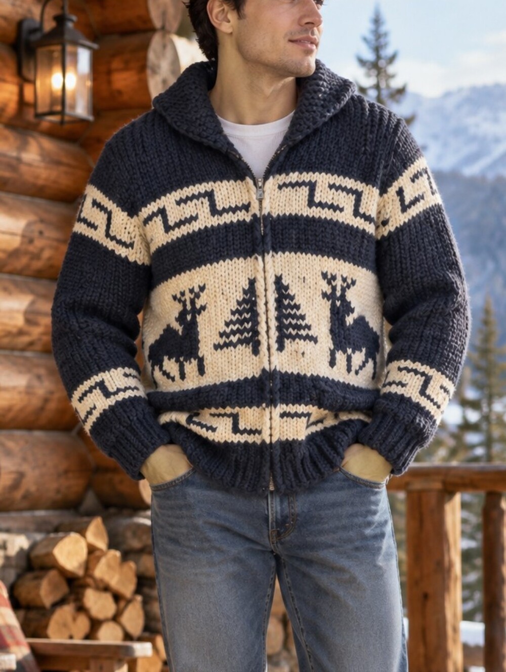 Kanata Vintage Cowichan Moose Wool Zip-Up Sweater Made in Canada XL